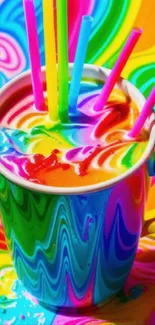 Vibrant rainbow coffee art with straws and colorful swirls.