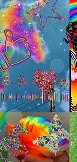 Vibrant rainbow collage wallpaper with abstract, psychedelic designs.