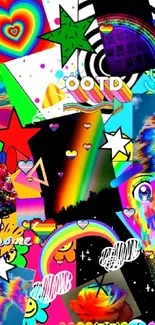 Vibrant rainbow collage wallpaper with stars.