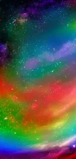 Vibrant cosmic swirl wallpaper with colorful rainbow hues.