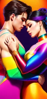 A vibrant couple embracing in rainbow colors with a glowing background.