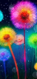 Vibrant rainbow dandelion with glowing colors against a starry blue background.