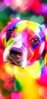 A vibrant multicolor dog with rainbow hues in a colorful art style.