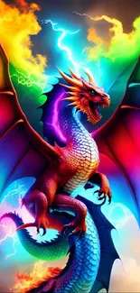 Vibrant rainbow dragon with electrifying colors and lightning effects.