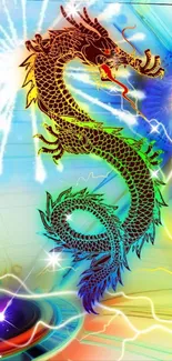 Vibrant rainbow dragon with mystical elements in a colorful background.