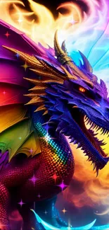 Vibrant rainbow dragon with fiery backdrop on mobile wallpaper.