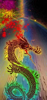 Vibrant dragon on a rainbow gradient background for mobile wallpaper.