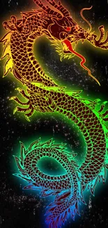 Colorful neon dragon art with rainbow spectrum on a black background.