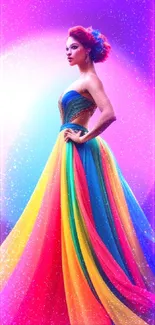 Colorful rainbow dress with gradient background.