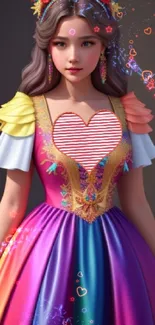 Girl in vibrant rainbow dress with intricate fantasy design.