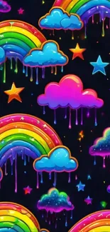 Vibrant rainbow and clouds with dripping colors and stars in dark background.