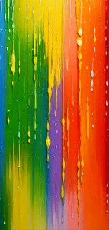 Vibrant dripping rainbow paint on wallpaper background.