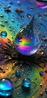 Colorful rainbow droplet art with cosmic background.
