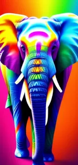 A vibrant rainbow-colored artistic elephant design on a mobile wallpaper.