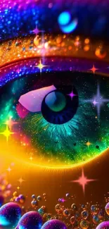 Vibrant rainbow-colored eye with neon patterns.