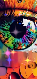 Vibrant rainbow-colored abstract eye art wallpaper with colorful patterns.