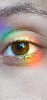 Colorful eye with rainbow reflecting light.