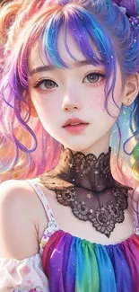 Anime-inspired girl with rainbow hair and intricate black choker.