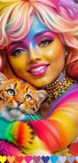 A vibrant rainbow-themed fantasy portrait of a woman and a colorful kitten.