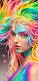 Fantasy art portrait with vibrant rainbow colors in mobile wallpaper.