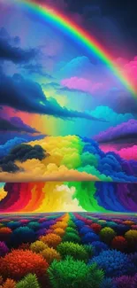 Vibrant rainbow in a colorful fantasy landscape under clouded sky.