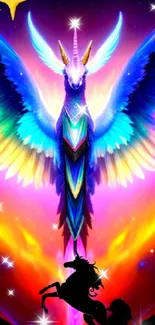 Vibrant rainbow phoenix with unicorn silhouette.