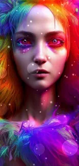 Fantasy portrait with vivid rainbow colors and neon details for mobile wallpaper.