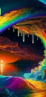 Vibrant rainbow fantasy scene with cosmic elements and surreal landscape.