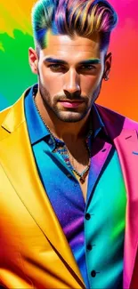 Vibrant portrait of a man in multicolored fashion suit.