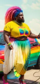 Person with colorful hair and outfit next to rainbow car.