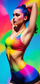 Vibrant athlete in rainbow-themed fitness attire with colorful background.