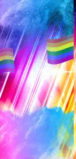 Vibrant abstract wallpaper with rainbow flag and blue accents.