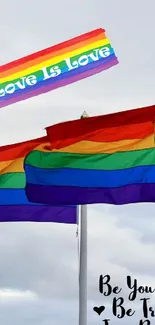 Rainbow flags with 'Love is Love' text and sky background.