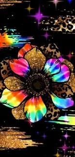 Vibrant rainbow floral wallpaper with glitter and leopard patterns.