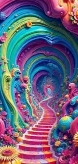 Colorful psychedelic pathway with vibrant flowers.