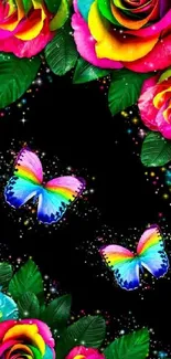 Rainbow roses and butterflies wallpaper with vibrant, colorful design.