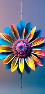 Colorful 3D flower wallpaper with blue and rainbow hues.