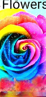 Colorful spiral rainbow flower wallpaper with floral border.