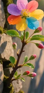 Rainbow flower with dewdrops on stone wall background