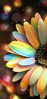 Vibrant rainbow flower on bokeh background.