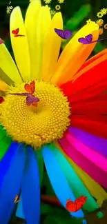 Vibrant rainbow-hued flower with colorful butterflies on a phone wallpaper.