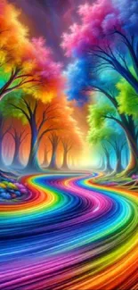 Vibrant rainbow pathway through a fantasy forest scene.