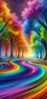 A vibrant rainbow forest with a mystical path and colorful trees.