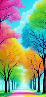 Colorful rainbow forest path with vibrant trees.