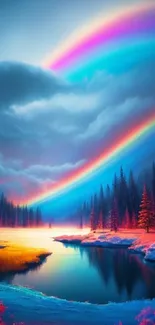 Vibrant rainbow over a serene forest with colorful sky and tranquil landscape.