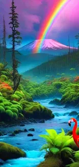 Vibrant forest with rainbow, river, and flamingo.