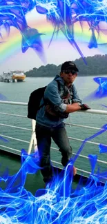 Man on a boat with vibrant rainbow and blue abstract frame.