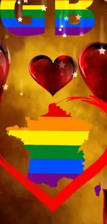 Rainbow-colored France inside a heart on gold background.