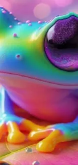 A vibrant rainbow-colored frog on a colorful background.