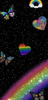 Colorful galaxy wallpaper with rainbow hearts and butterflies over a black starry sky.